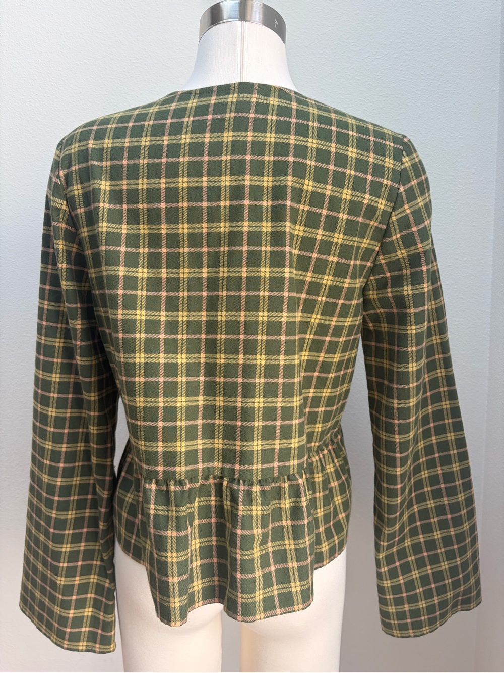 Sezane Brenda Plaid Blouse Checkered Tie Front Fall Top Velvet Green Size Medium - Picture 8 of 13